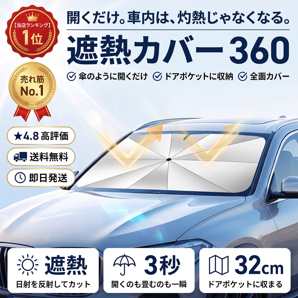 遮熱カバー 360（シャネツカバー）— 傘のように開くだけ、灼熱の車内温度をグッと下げるサンシェード【2026年最新モデル】