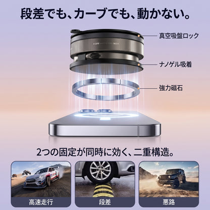 不落ホールド W（フラクホールド ダブル）— ナノゲル×真空吸盤の二重固定で、真夏の車内でも落ちない車載スマホホルダー【2026年最新モデル】